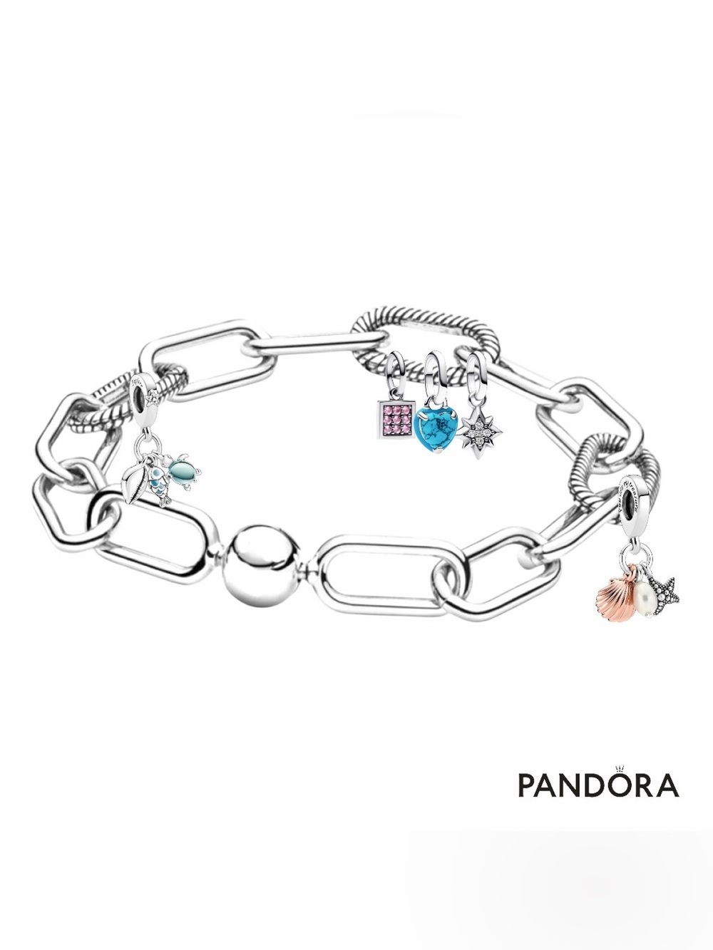 New-Pandora ME Round Clasp Chain Link Bracelet w/5 Pandora Charms MSRP $385